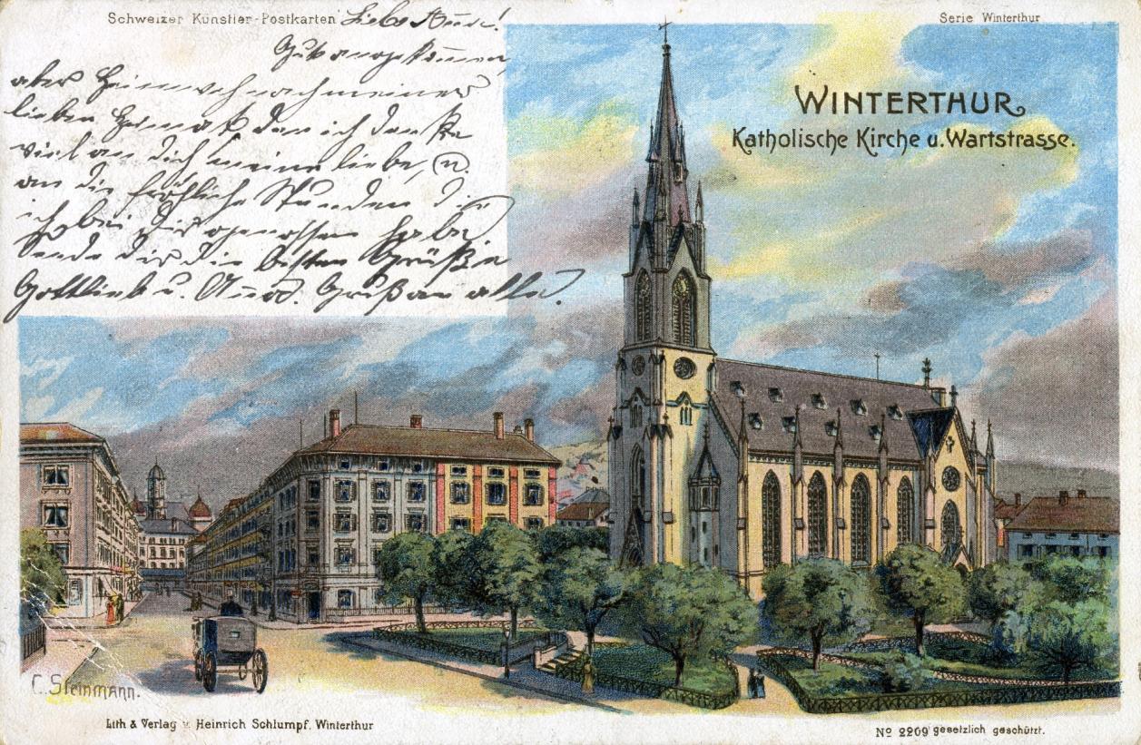 Postkarte Kirche St. Peter und Paul an der Wartstrasse, Bild: Conrad Steinmann, Bildarchiv winbib.